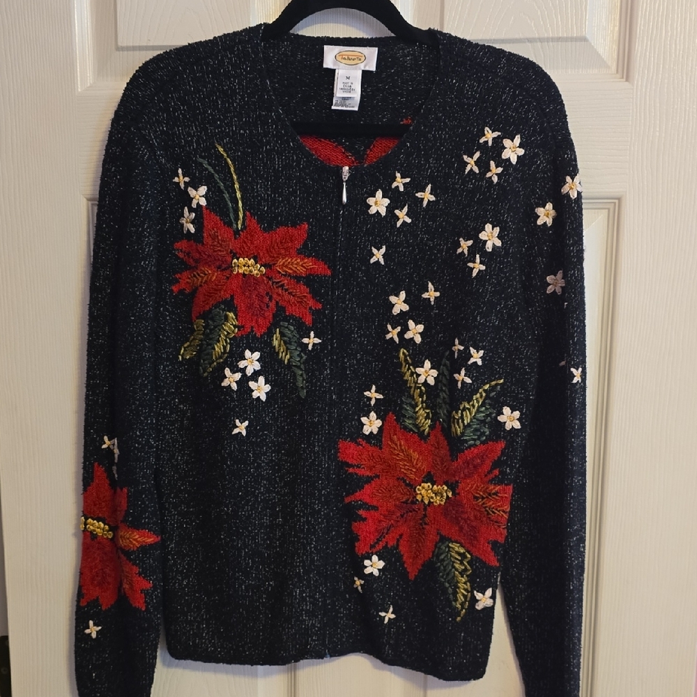 Talbots‎ Black Cardigan with Red Floral Accents